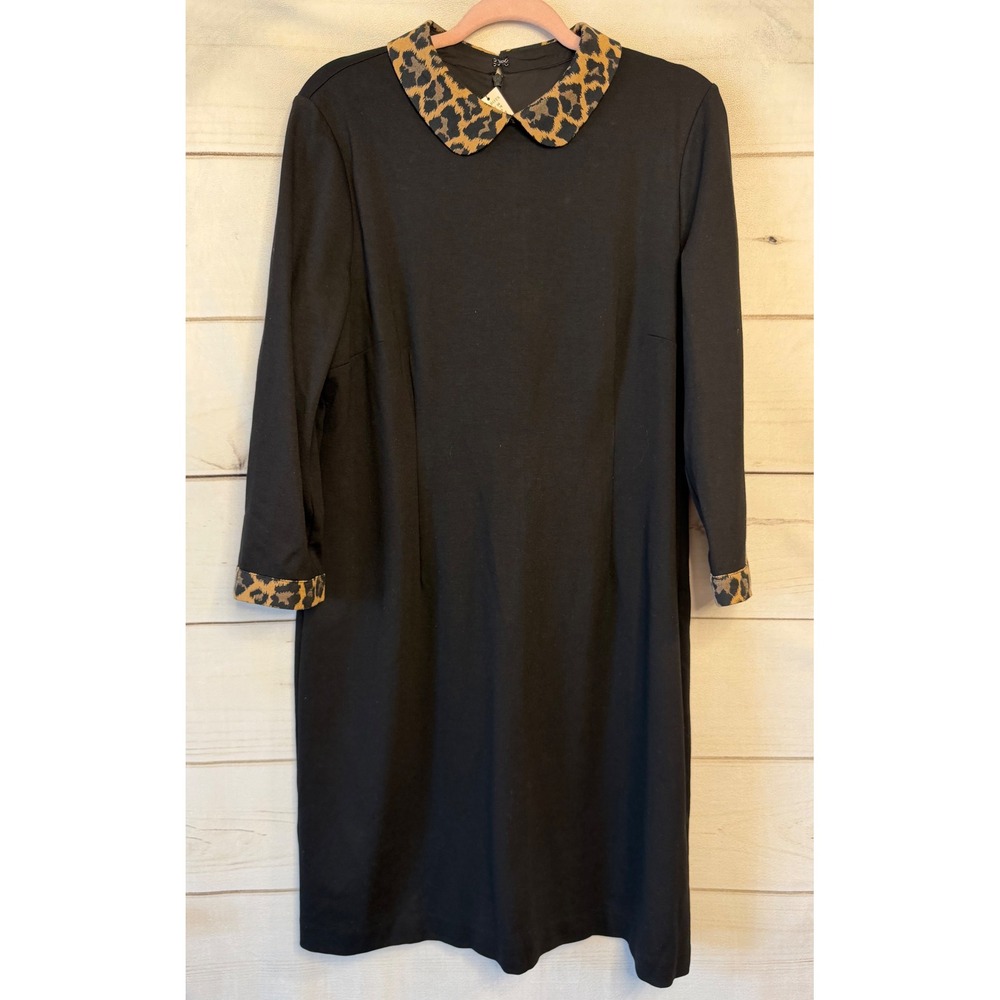 Talbots Black Ponte Shift Dress Leopard Collar Cuffs 16P New 53148490